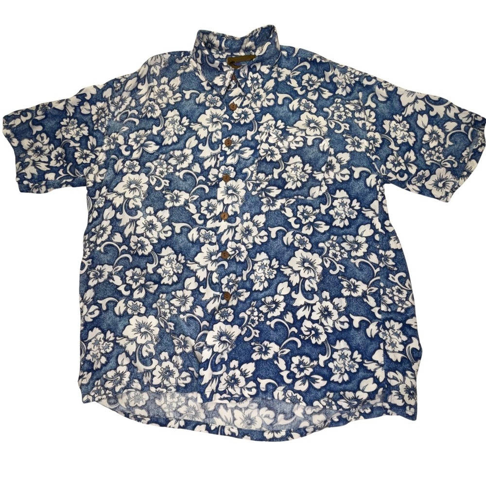 Dreamland Hawaiian Shirt Mens L Blue White Floral Rayon 48‎ Chest Tropical Aloha